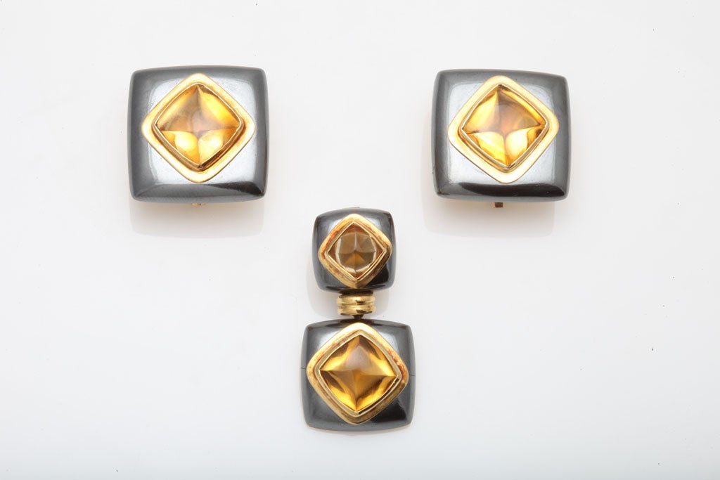Hematite And Citrine Gold Earrings And Pendant Suite