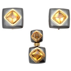 Hematite And Citrine Gold Earrings And Pendant Suite