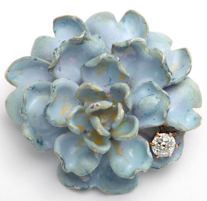 Enamel and Gold Pin with Diamond Blue Floral Pin