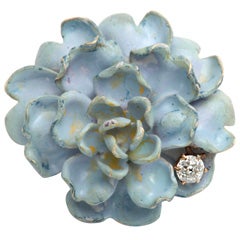 Enamel and Gold Pin with Diamond Blue Floral Pin