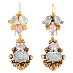 Antique Pair of Victorian Amethyst, Aquamarine, and Gold Earrings