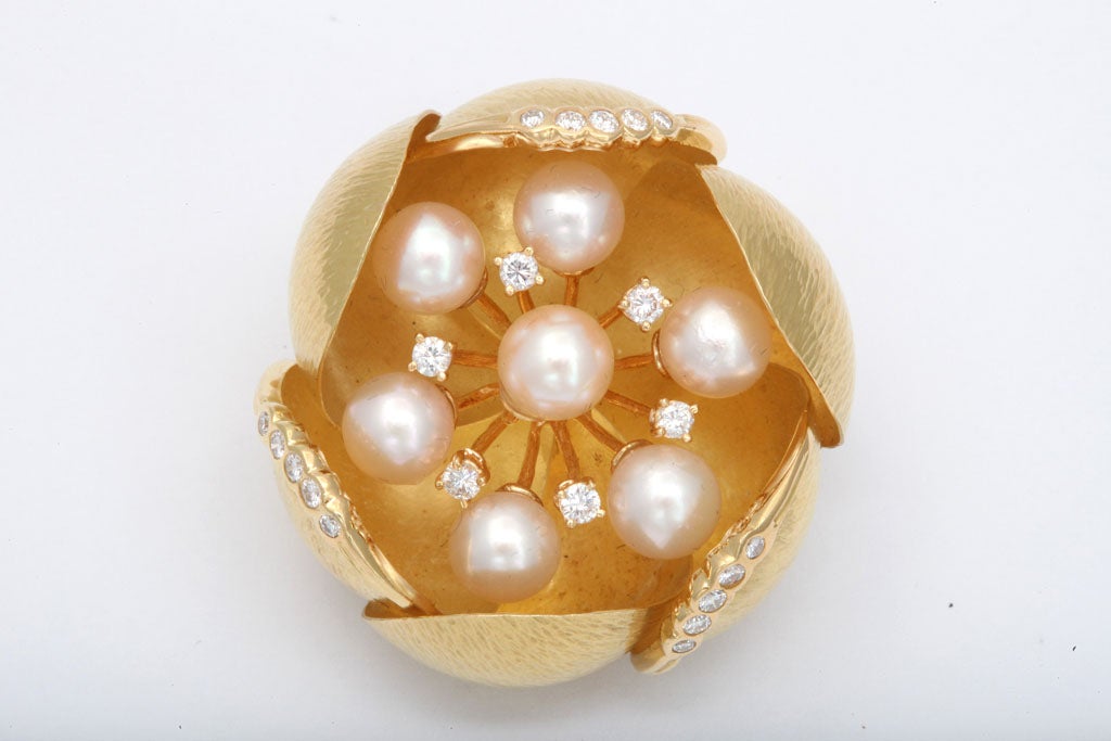 Oversized 18kt Yellow Gold Pin with Pearl Pistils & Diamond Stamens.  Budding Petals are alternately Diamond edged. Over the top. Signed CIT, 750 & Italian control marks