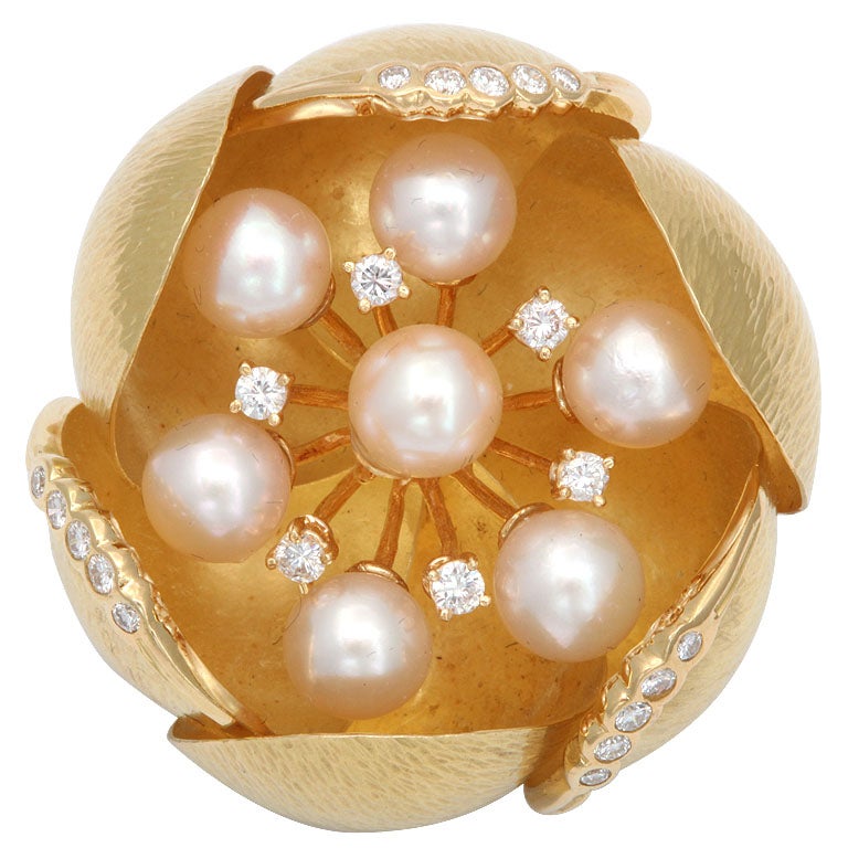 Cultured Pearl &diamond Oversized Floral Brooch