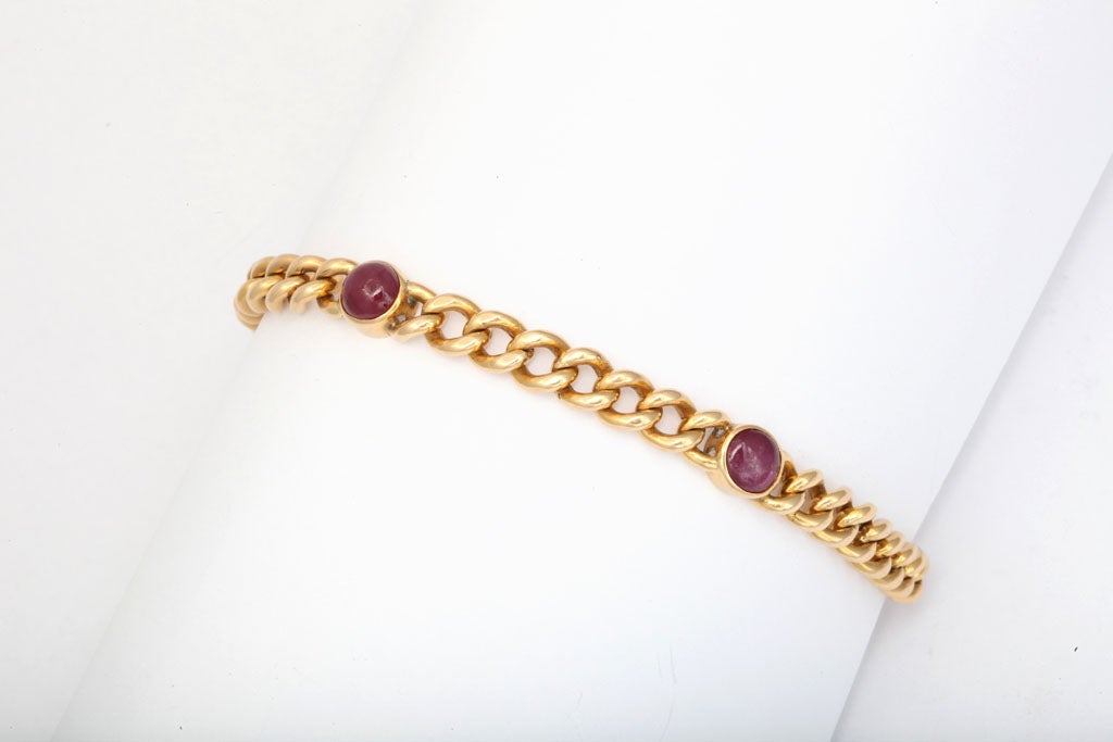 Women's or Men's Flat Curb Chain  Bracelet With Cabochon Burmese Rubies