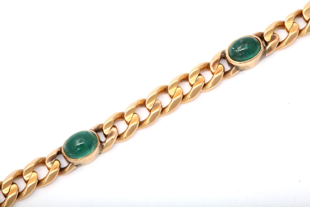 Women's Flat Curb Link Bracelet With Cabochon Emeralds