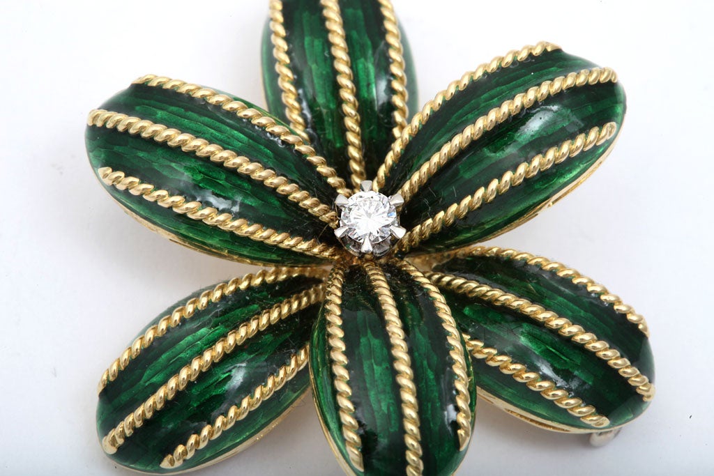 Cartier  Diamond  &  Bright Green Enamel Flower Pin 2