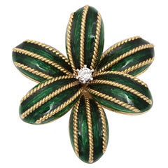 Cartier  Diamond  &  Bright Green Enamel Flower Pin