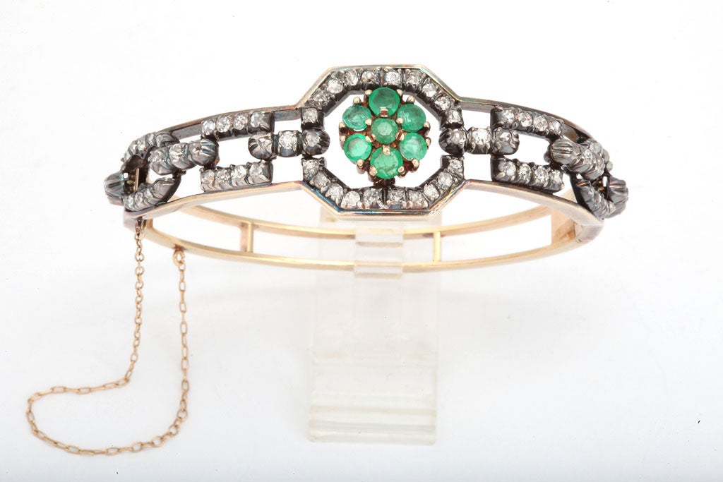 Semi Antique Faceted Emerald, Rose Diamond & Old Mine Diamond Bangle Bracelet.  Silver topped with Gold Back & Gold half Bracelet.