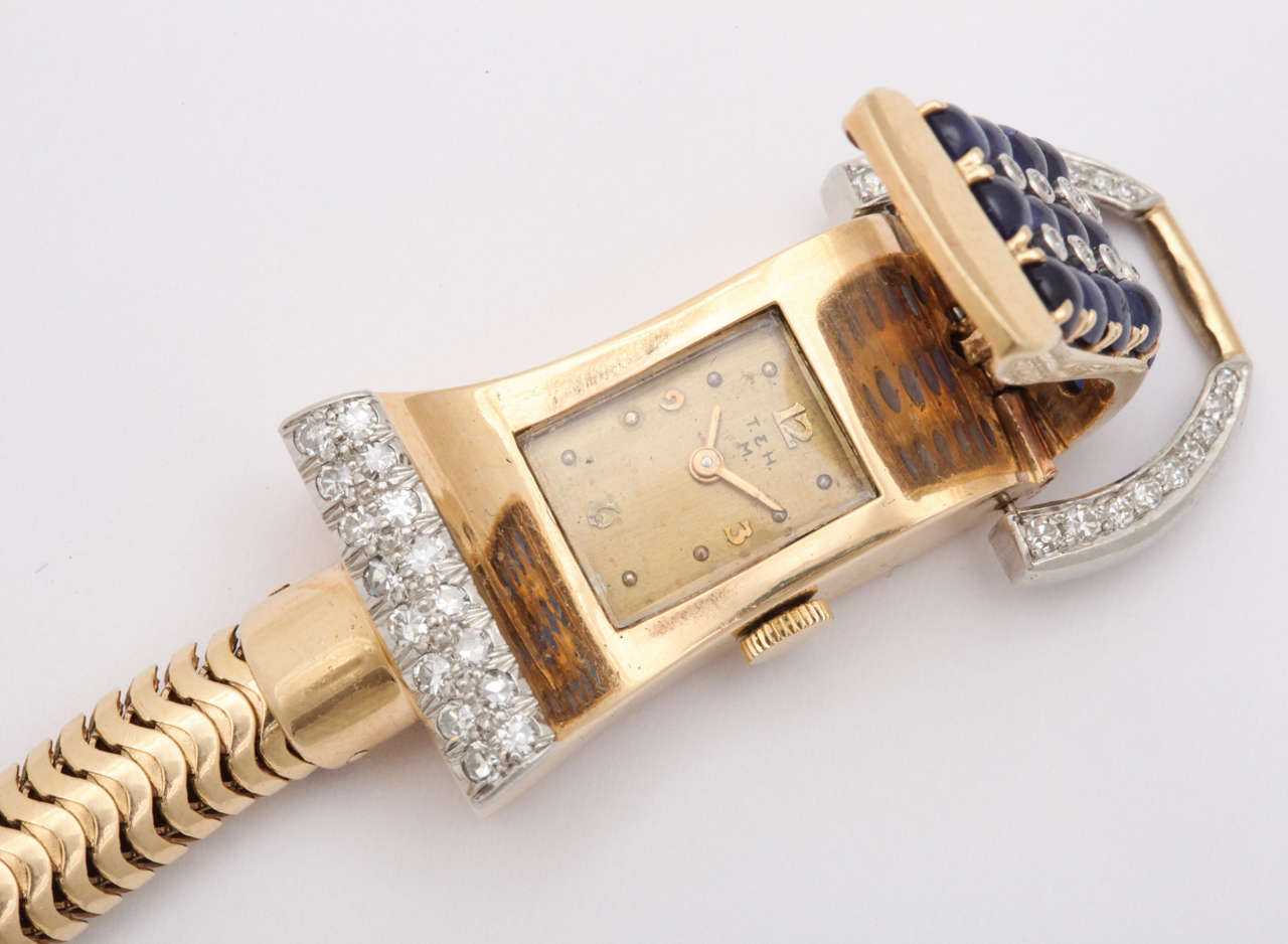 Gold Cabochon Sapphire Diamond Watch & Ring Set In Excellent Condition For Sale In New York, NY