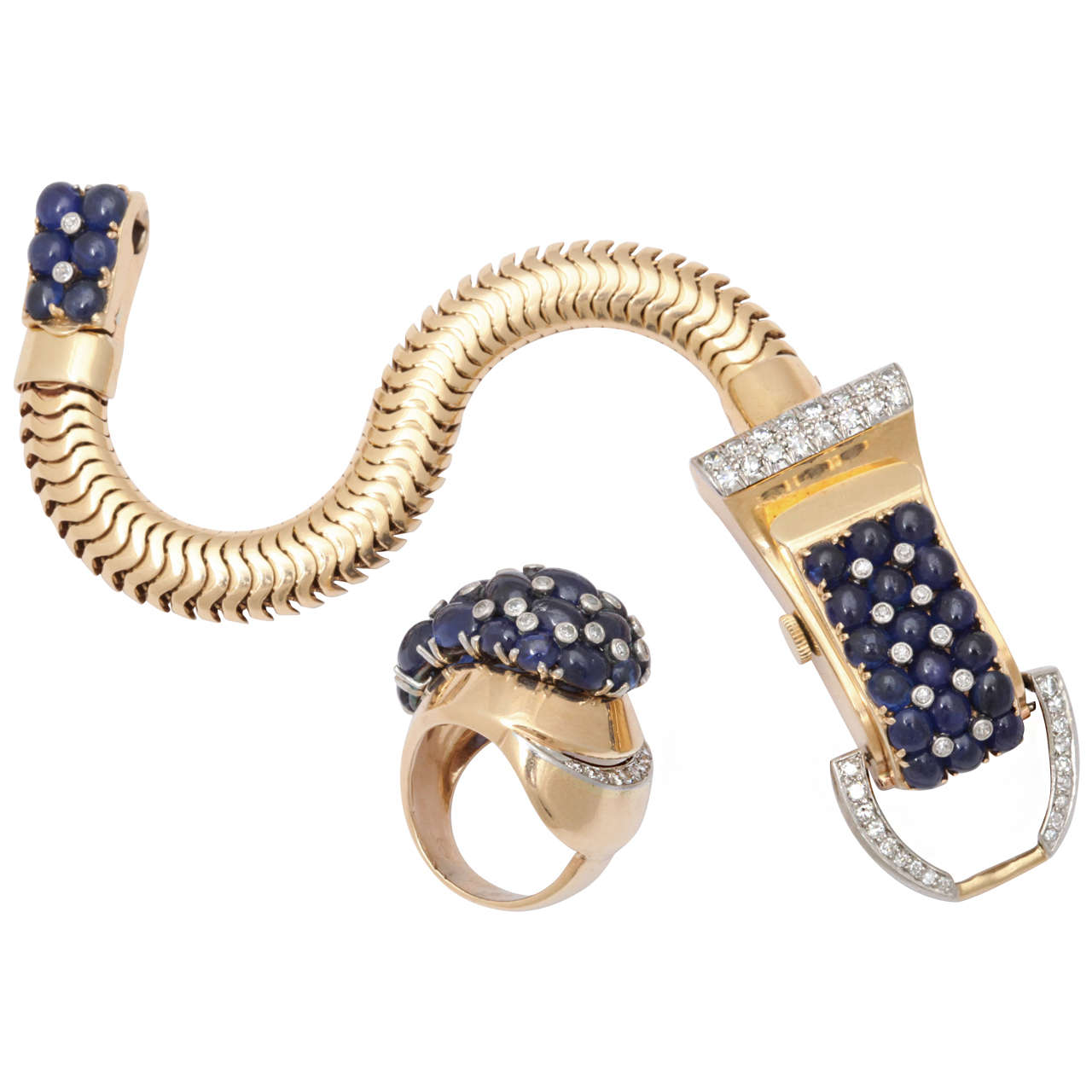 Gold Cabochon Sapphire Diamond Watch & Ring Set For Sale