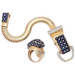 Gold Cabochon Sapphire Diamond Watch & Ring Set