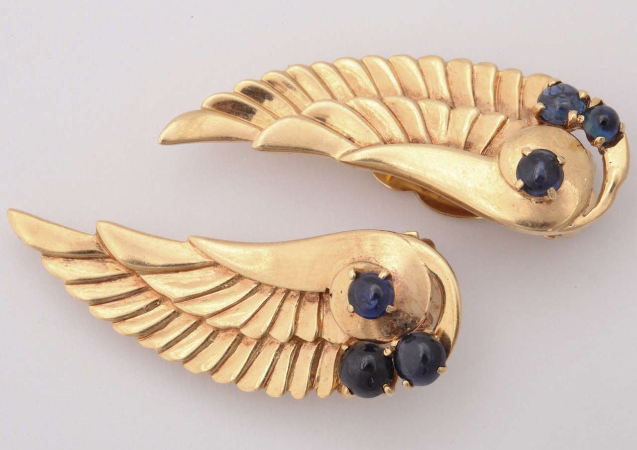14k Chased gold 16.5 gram wings applied with 6 cabochon sapphires 1.50 carats