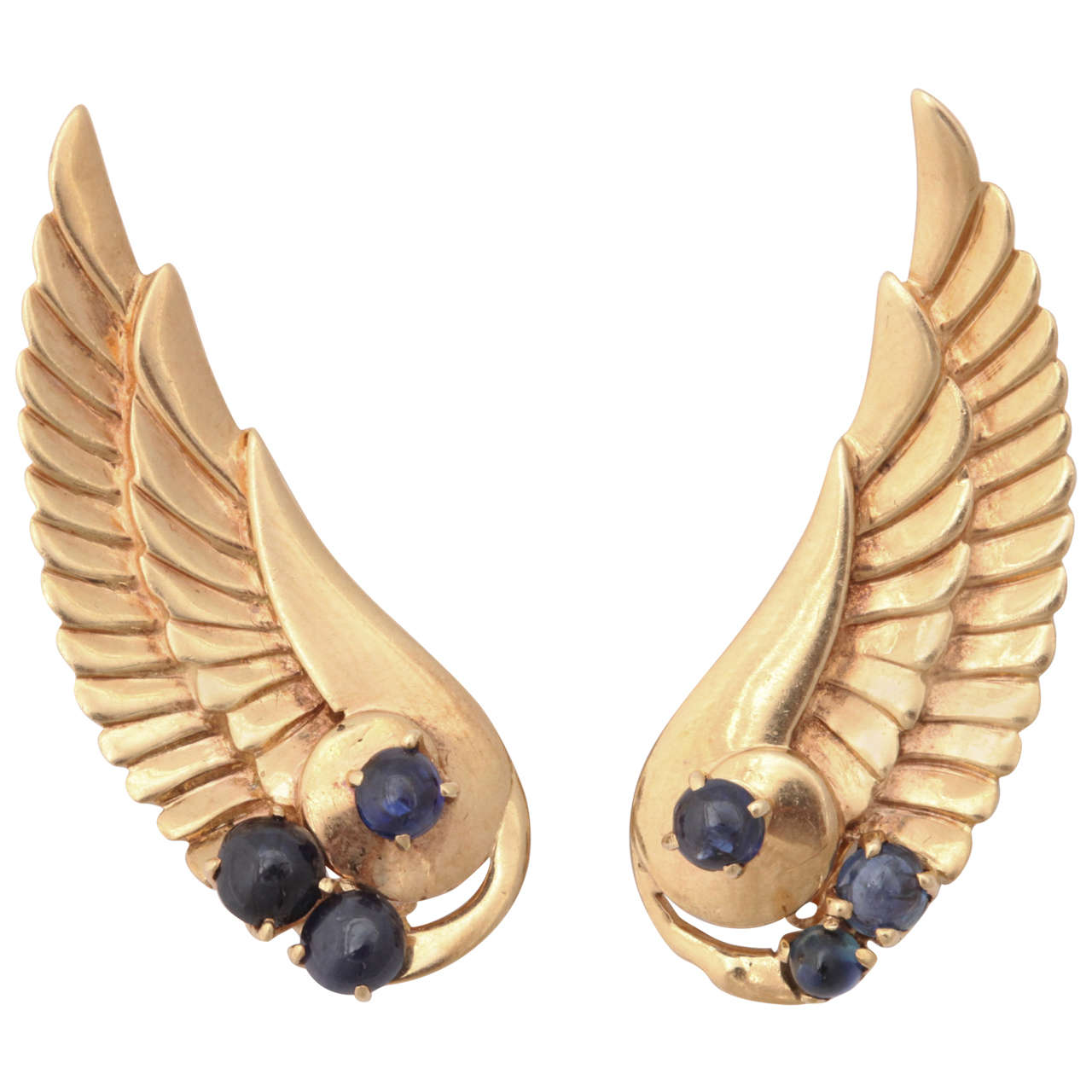 Retro Sapphire Gold Angel Wing Earrings For Sale
