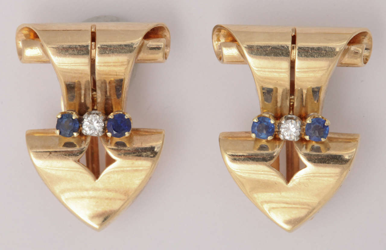 Women's Sapphire Diamond Gold Dress Clips and Earrings For Sale