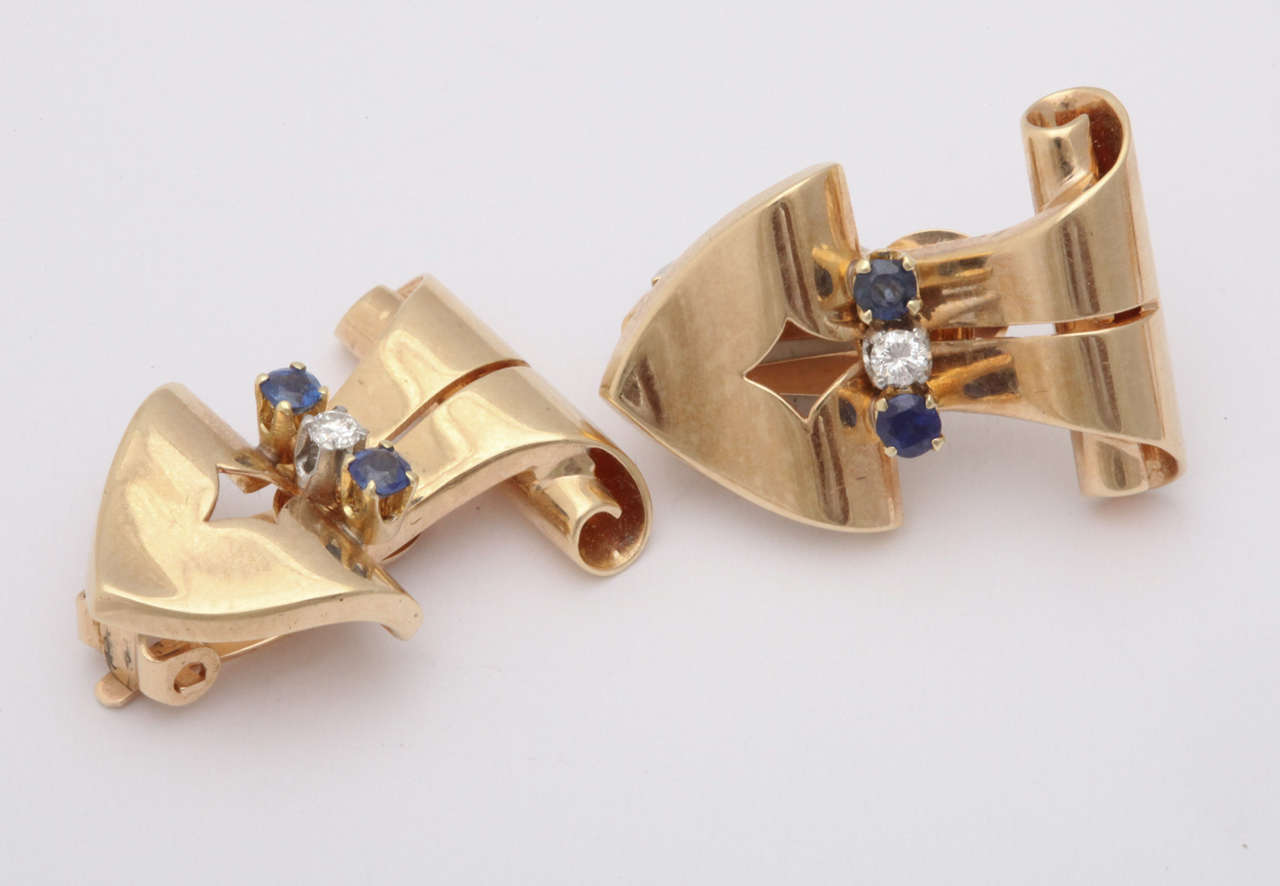 Sapphire Diamond Gold Dress Clips and Earrings For Sale 1