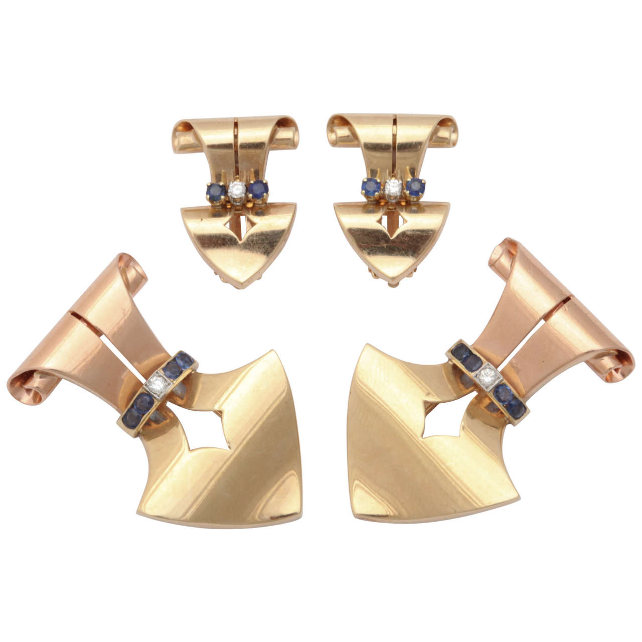 Sapphire Diamond Gold Dress Clips and Earrings For Sale