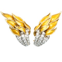 TIFFANY SCHLUMBERGER Platinum Gold Diamond Enamel Flame Earrings
