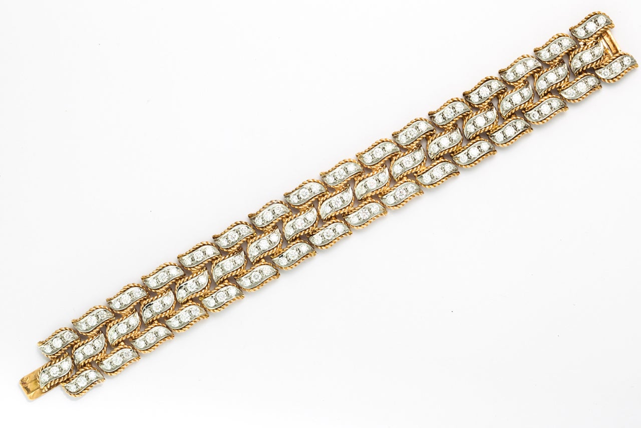 Van Cleef & Arpels Platinum 18K Yellow Gold Diamond Three Row Link Bracelet. Length - 7 1/8