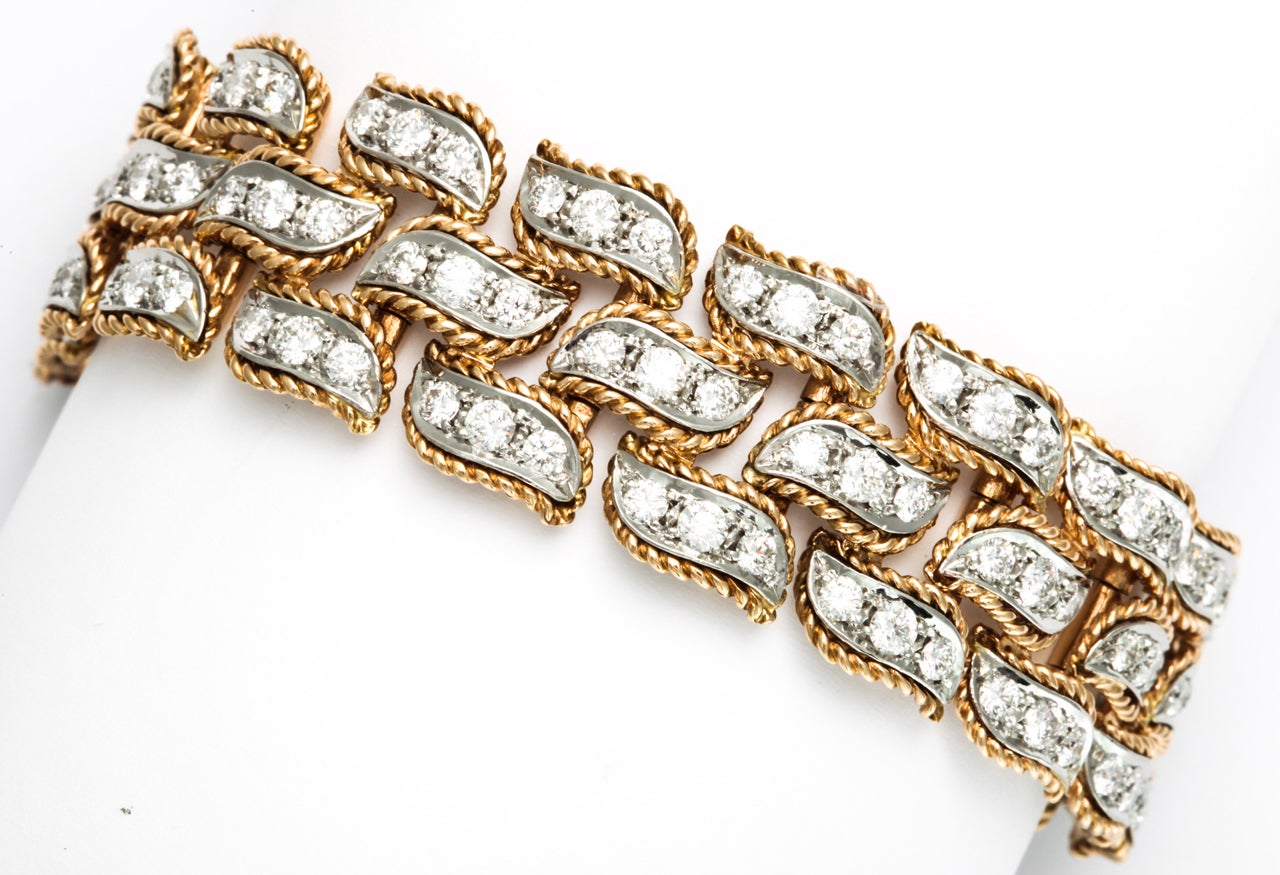 Van Cleef & Arpels Platinum Gold Diamond Three Row Link Bracelet In Excellent Condition For Sale In New York , NY