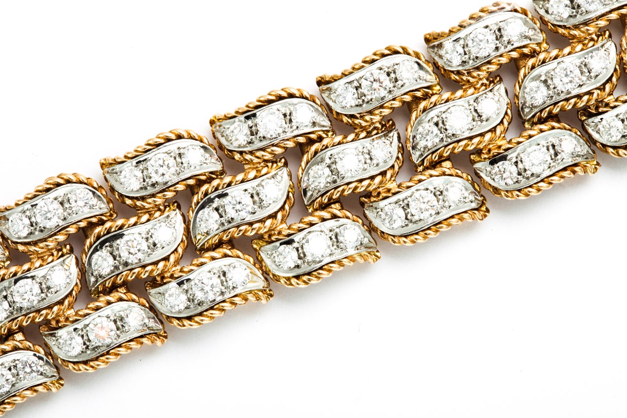 Women's Van Cleef & Arpels Platinum Gold Diamond Three Row Link Bracelet For Sale
