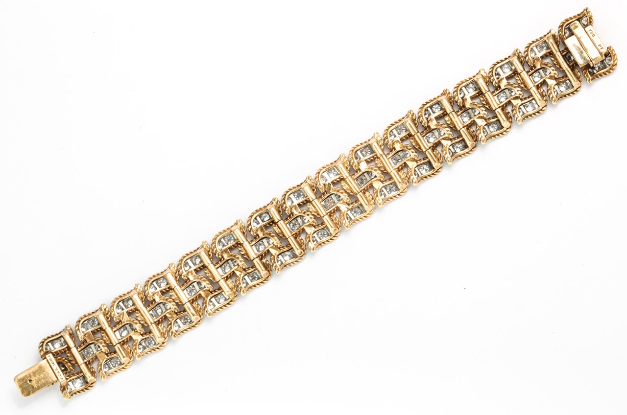 Van Cleef & Arpels Platinum Gold Diamond Three Row Link Bracelet For Sale 1