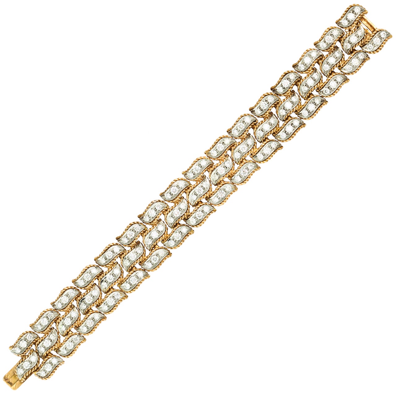 Van Cleef & Arpels Platinum Gold Diamond Three Row Link Bracelet For Sale