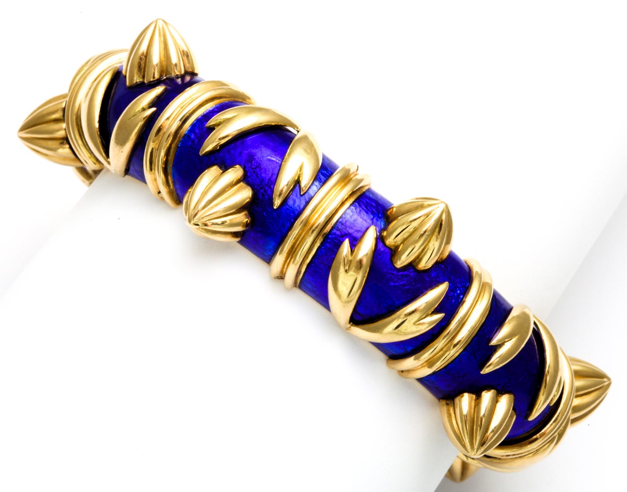 Women's TIFFANY SCHLUMBERGER Gold Blue Enamel Spiked Bangle Bracelet For Sale
