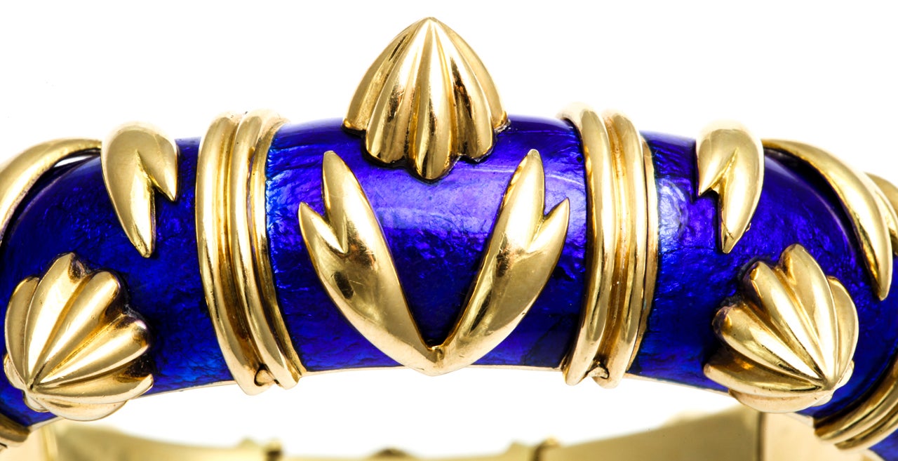 TIFFANY SCHLUMBERGER Gold Blue Enamel Spiked Bangle Bracelet For Sale 1