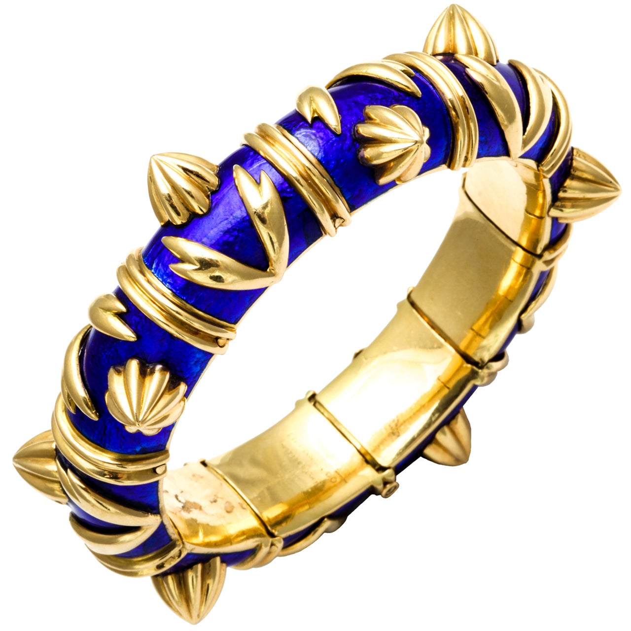 TIFFANY SCHLUMBERGER Gold Blue Enamel Spiked Bangle Bracelet For Sale