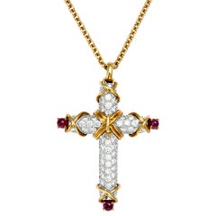 Vintage TIFFANY & CO. SCHLUMBERGER Diamond Ruby Cross Chain Necklace