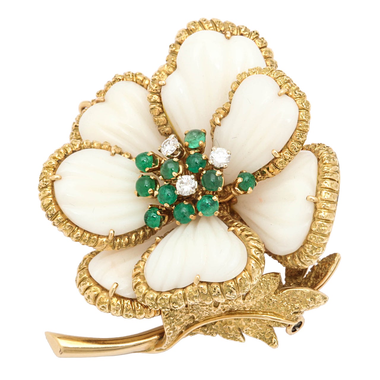Van Cleef & Arpels, White Coral and Emerald Flower Brooch For Sale
