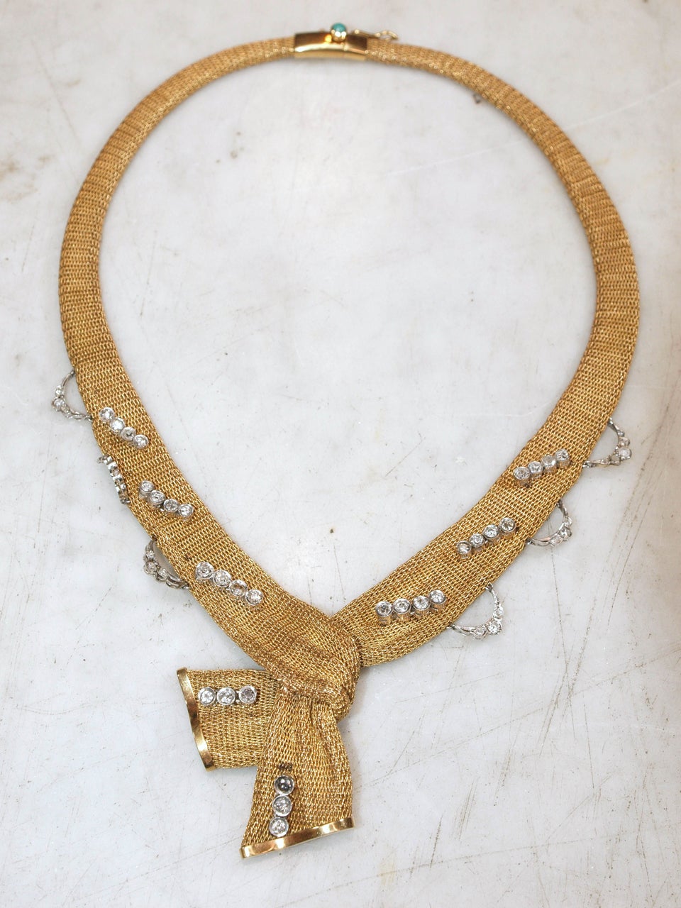 Mesh Gold Necklace with 2 carats mine cut Diamonds DeTurquoise marker on clasp