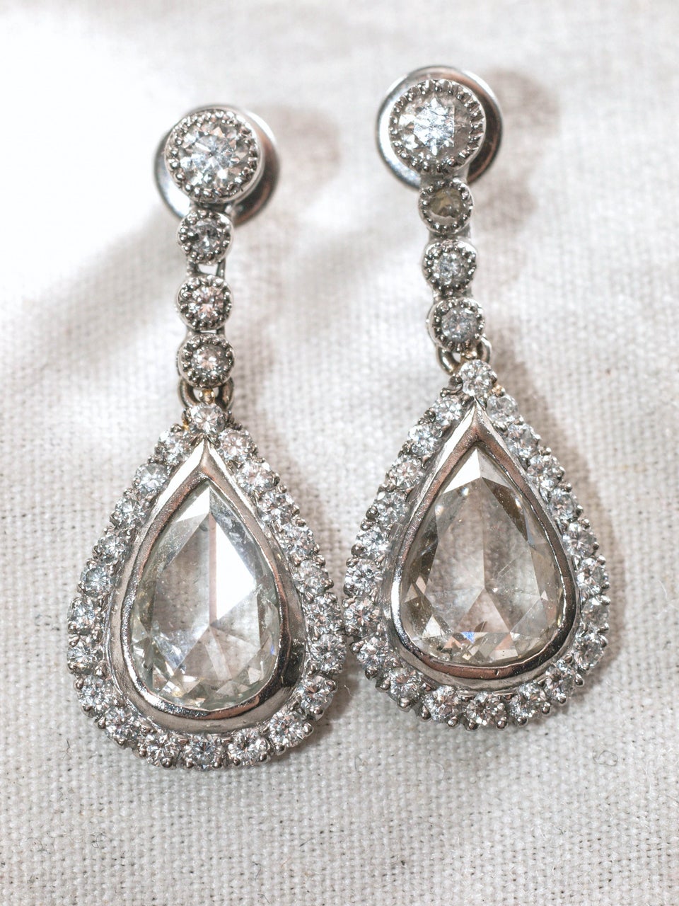 Beautiful Pair of 2.5 carat Rose Cut Diamond Earrings each surrounded by single row of 20 Mine Cut Diamonds and .30 diamond posts TCW-3.5