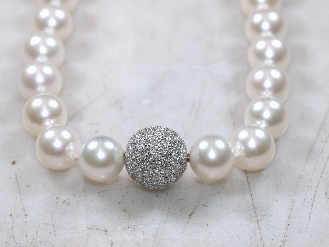 Classic Strand Pearl Necklace with Diamond Ball Clasp at 1stDibs