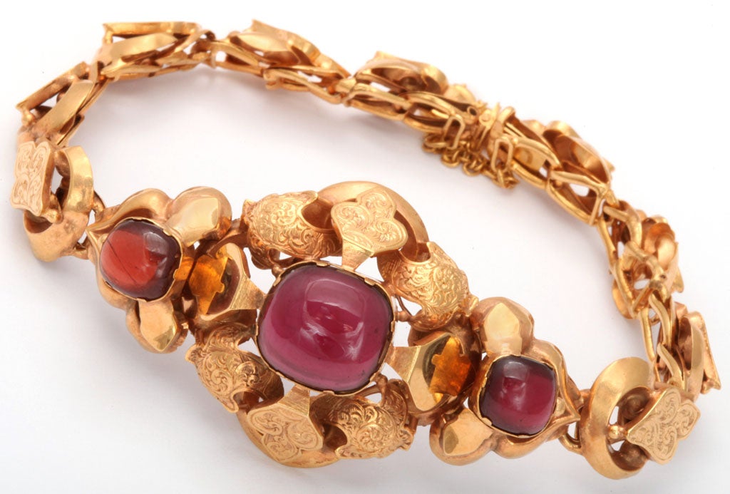Victorian Intricate Double Link Bracelet with Cabochon Garnets