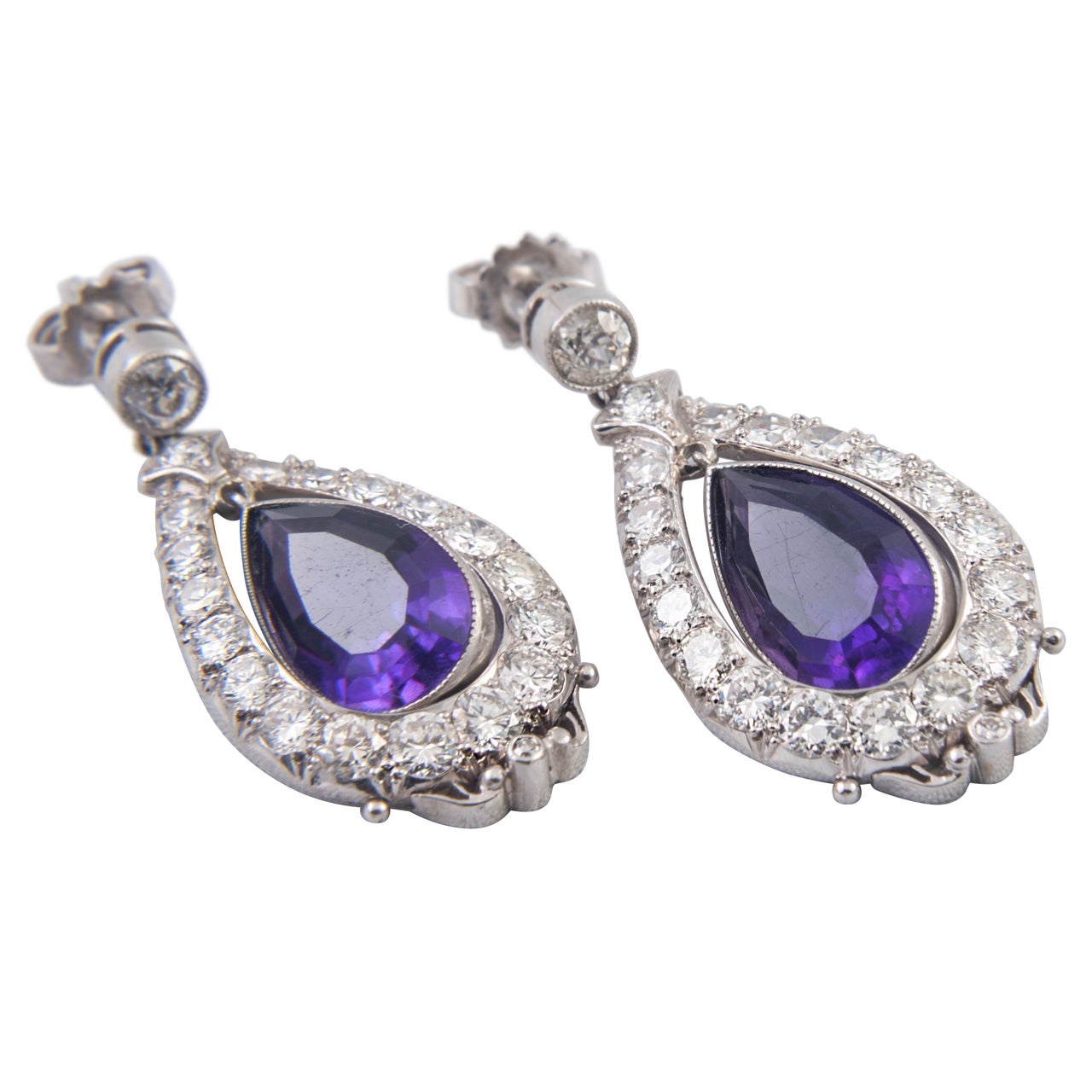 Amethyst and Diamond Drop Earrings For Sale