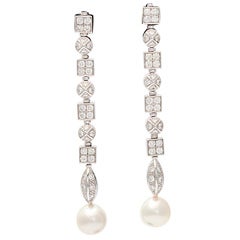 White Gold & Diamond & Cultured Pearl Drop Earrings