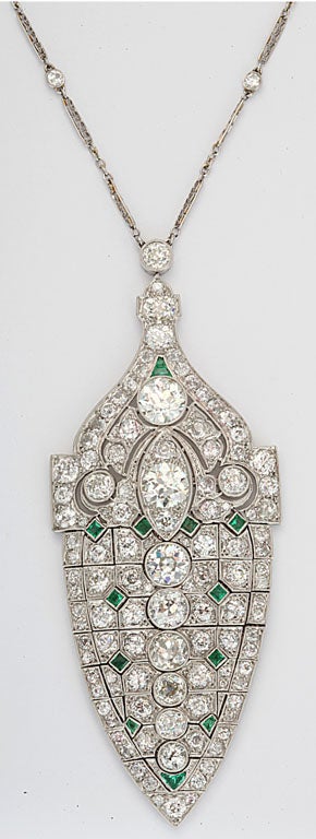 Exquisite Art Deco Platinum, Diamond and Emerald Lavaliere on Platinum & Diamond chain.  Wow!  Reticulated for that subtle shimmering reflection of light.
Measurements are for pendant only.  Where is the Great Gatsby now?
