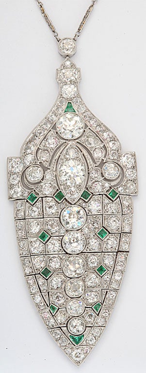 Magnificent Art Deco Emerald Diamond Platinum Lavaliere In Excellent Condition For Sale In New York, NY