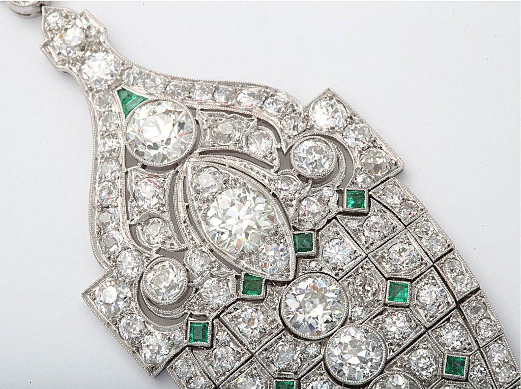 Women's Magnificent Art Deco Emerald Diamond Platinum Lavaliere For Sale