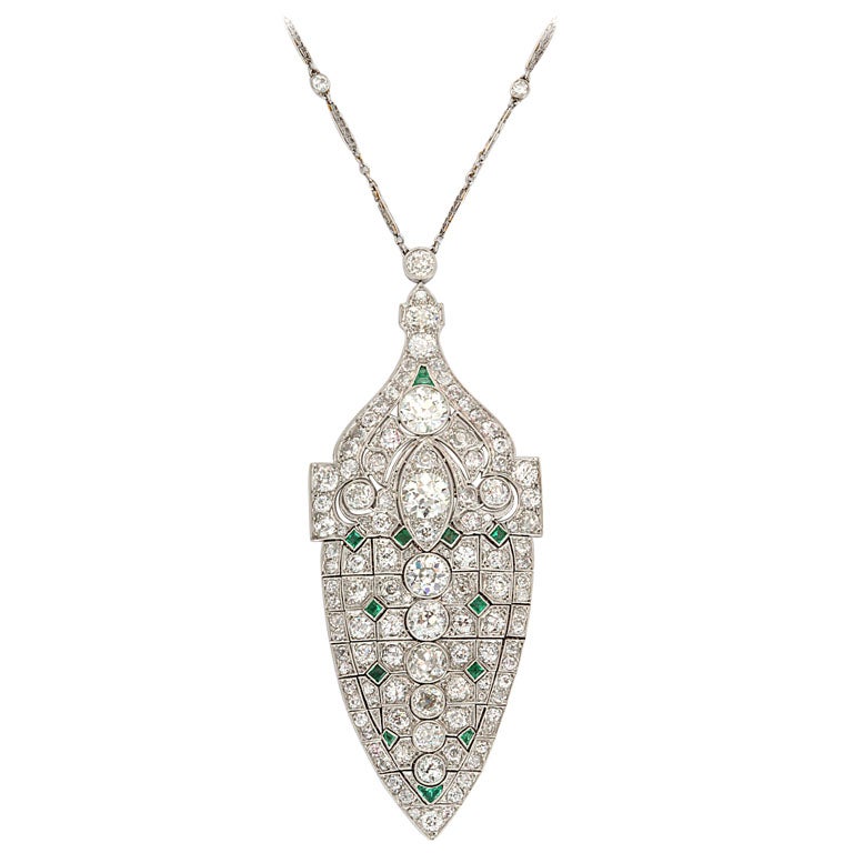 Magnificent Art Deco Emerald Diamond Platinum Lavaliere