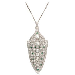 Magnificent Art Deco Emerald Diamond Platinum Lavaliere