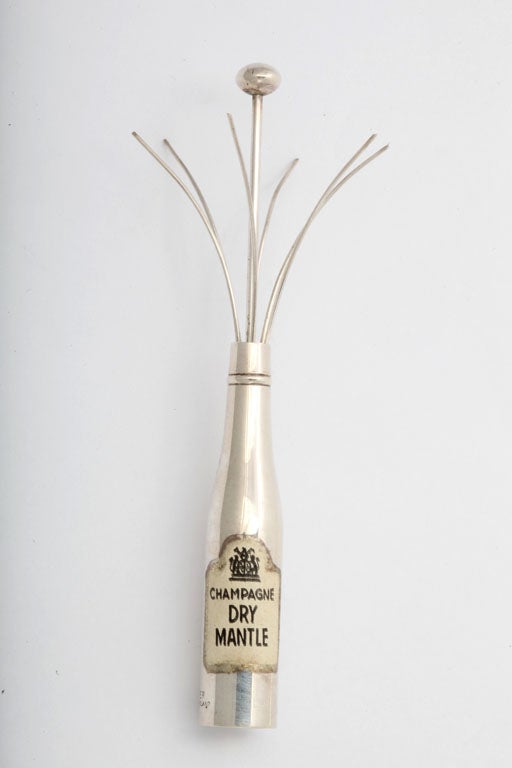 Unusual, champagne-bottle-form, sterling silver champagne swizzle stick, made in England, 1920's-1930's. The enameled 