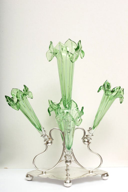 English Old Sheffield-Plated Hand-Blown Green  Fluted Glass Epergne