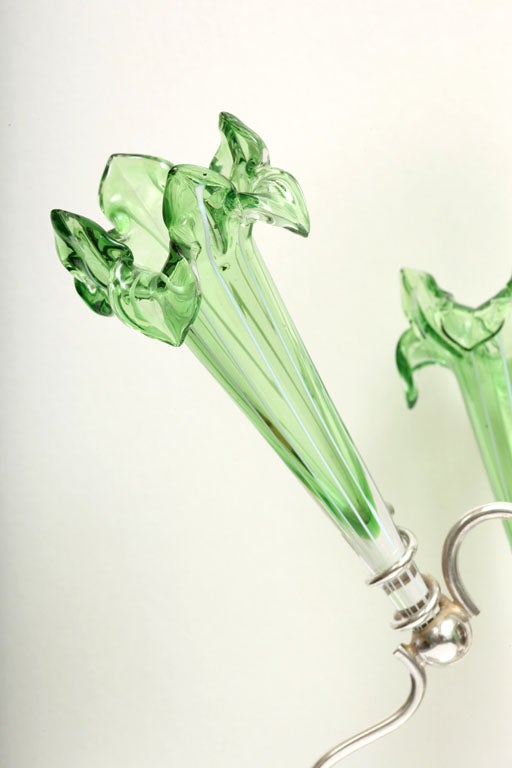 Old Sheffield-Plated Hand-Blown Green  Fluted Glass Epergne In Excellent Condition In New York, NY