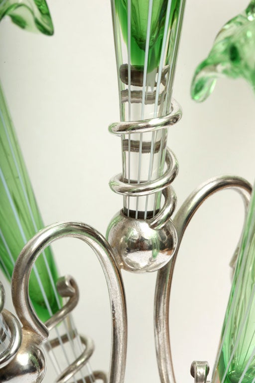 Old Sheffield-Plated Hand-Blown Green  Fluted Glass Epergne 1