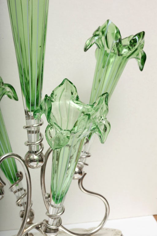 Old Sheffield-Plated Hand-Blown Green  Fluted Glass Epergne 2