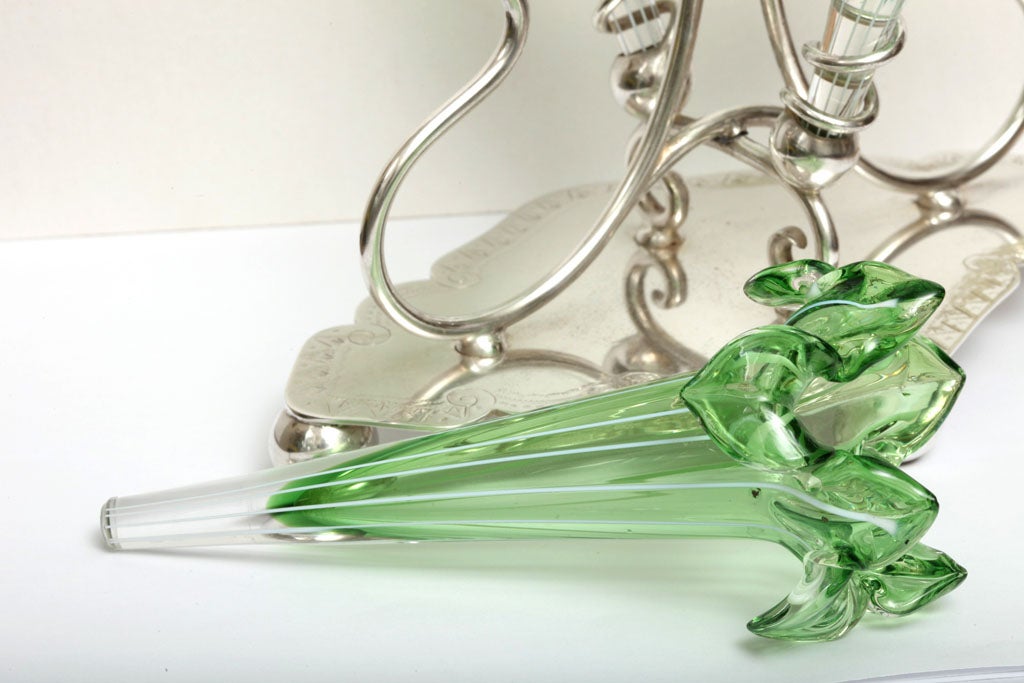 Old Sheffield-Plated Hand-Blown Green  Fluted Glass Epergne 3