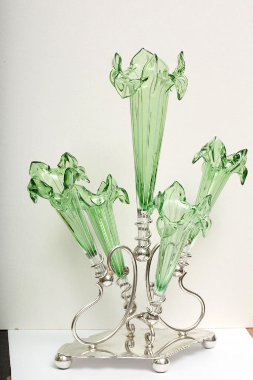 Silver plated, green fluted glass epergne, Birmingham, England, Ca. 1887, G.E. Hawkins - maker. Each of the four green flutes is 