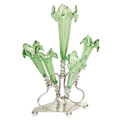 Old Sheffield-Plated Hand-Blown Green  Fluted Glass Epergne